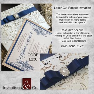 Laser Cut invitation, laser cut, ivory shimmer, coral, felt blue, rose gold
