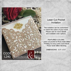 Laser Cut invitation, rose gold, glitter, ivory linen, linen, rose gold, glitter