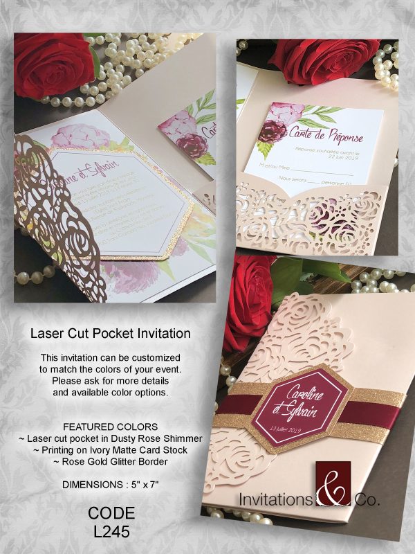 Laser Cut invitation, rose shimmer, shimmer, ivory matte, rose gold