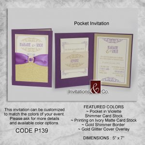 Pocketfold invitation, purple, gold, folded