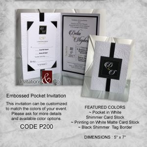 Pocketfold invitation, embossed, black, white, folded