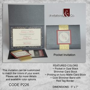 Pocketfold invitation, shimmer, ivory matte, red tag, gold shimmer, folded