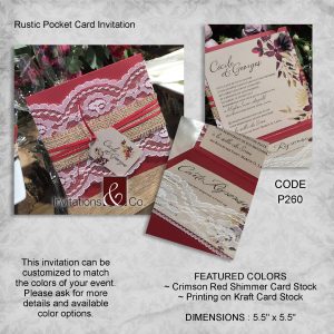 Rustic Invitations, kraft card stock, card stock, shimmer, red shimmer, ribbon, flowers