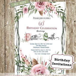 adult, birthday, invitation, woman, floral