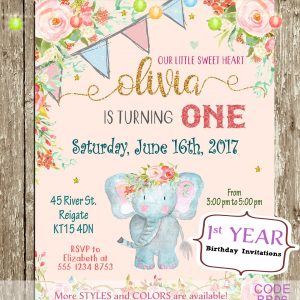 first birthday, elephant, girl, floral, pink