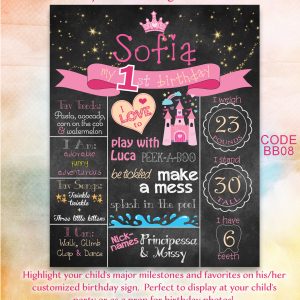 first birthday, girl, poster, pink, bio board