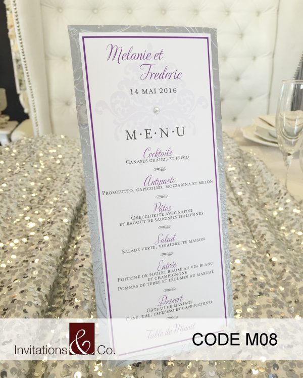 menu cards, food, vertical, grey, purple, floral
