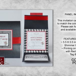 Classic invitations, cards, black opal, red shimmer, tag border