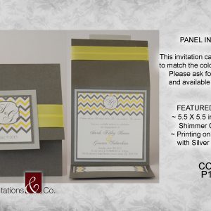 Classic invitations, cards, charcoal, shimmer, silver tag, yellow
