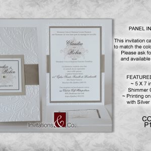 Classic invitations, cards,, shimmer, ivory card, silver tag, emblem