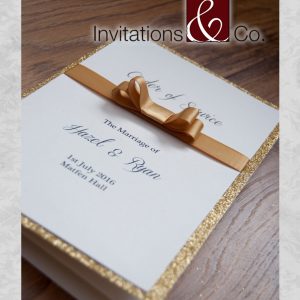 ceremony, wedding, programs, 5x7, glitter folder, white, ribbon