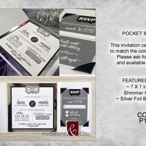 Classic invitations, cards, 7x7, card stock, shimmer, silver foil, border, tag, grey, black