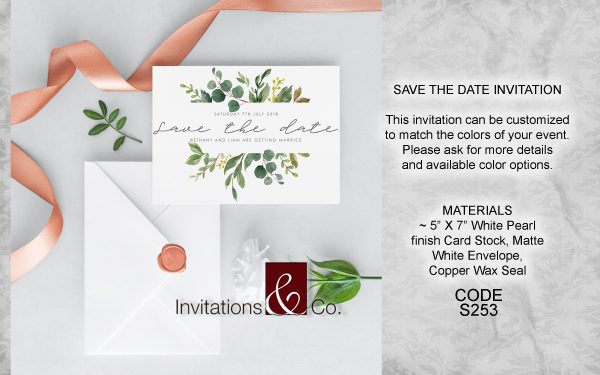 Save the date, cards, white pearl, shimmer, kraft, flowers, copper wax