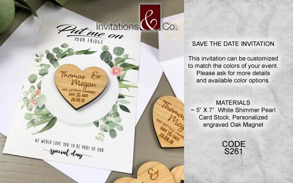 Save the date, cards, kraft, oak magnet, white shimmer, heart, floral