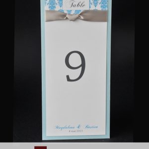 table numbers, vertical, baby blue, grey, ribbon