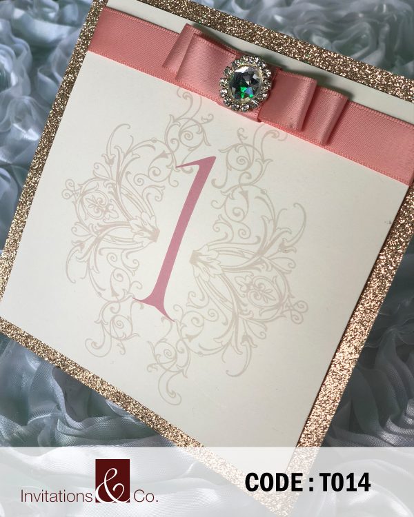 table number, pink, coral, glitter, bow