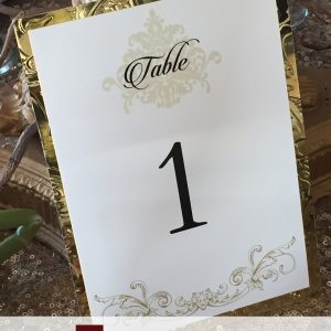 table numbers, 5x7, floral, black, gold, shimmer