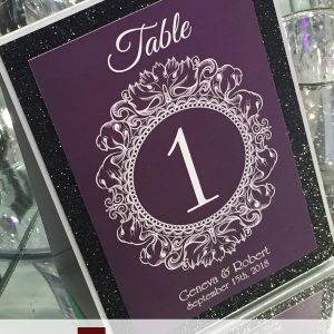 table numbers, 5x7, purple, charcoal, floral, script