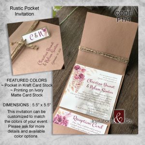 Pocketfold invitation, white, brown, pink, flowers, folded