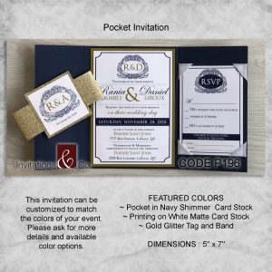 Pocketfold invitation, gold, shimmer, blue, folded