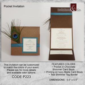 Pocketfold invitation, chocolate, shimmer, ivory, teal shimmer, folded