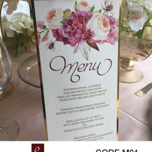 menu cards, food, flowers, pink, gold foil